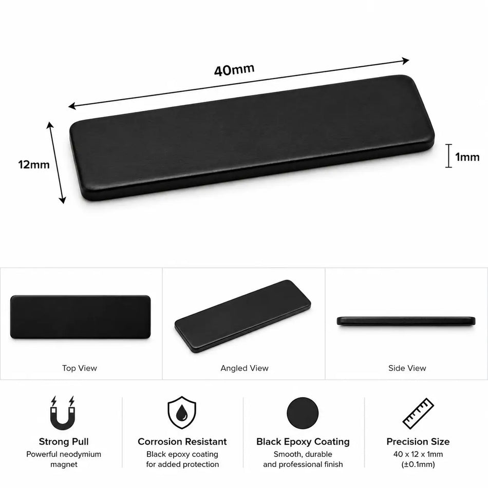 Neodymium Magnet Block - Black Epoxy Coated - 40mm x 12mm x 1mm - N35