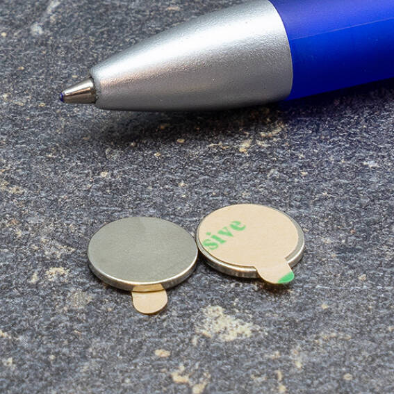 Neodymium Disc Magnets with Self-Adhesive Backing on South Pole - 10 mm x 1 mm, N35