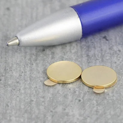 Gold Neodymium Disc Magnets with Self-Adhesive Backing - 10 mm x 1 mm, N35